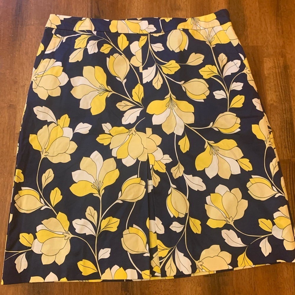 Talbots skirt women’s 12 petite navy yellow white a-line pockets floral …